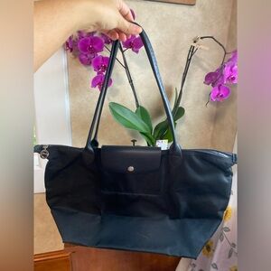 Rare Longchamp Paris Black on Black Large Le Pliage Tote Bag - Very Elegant